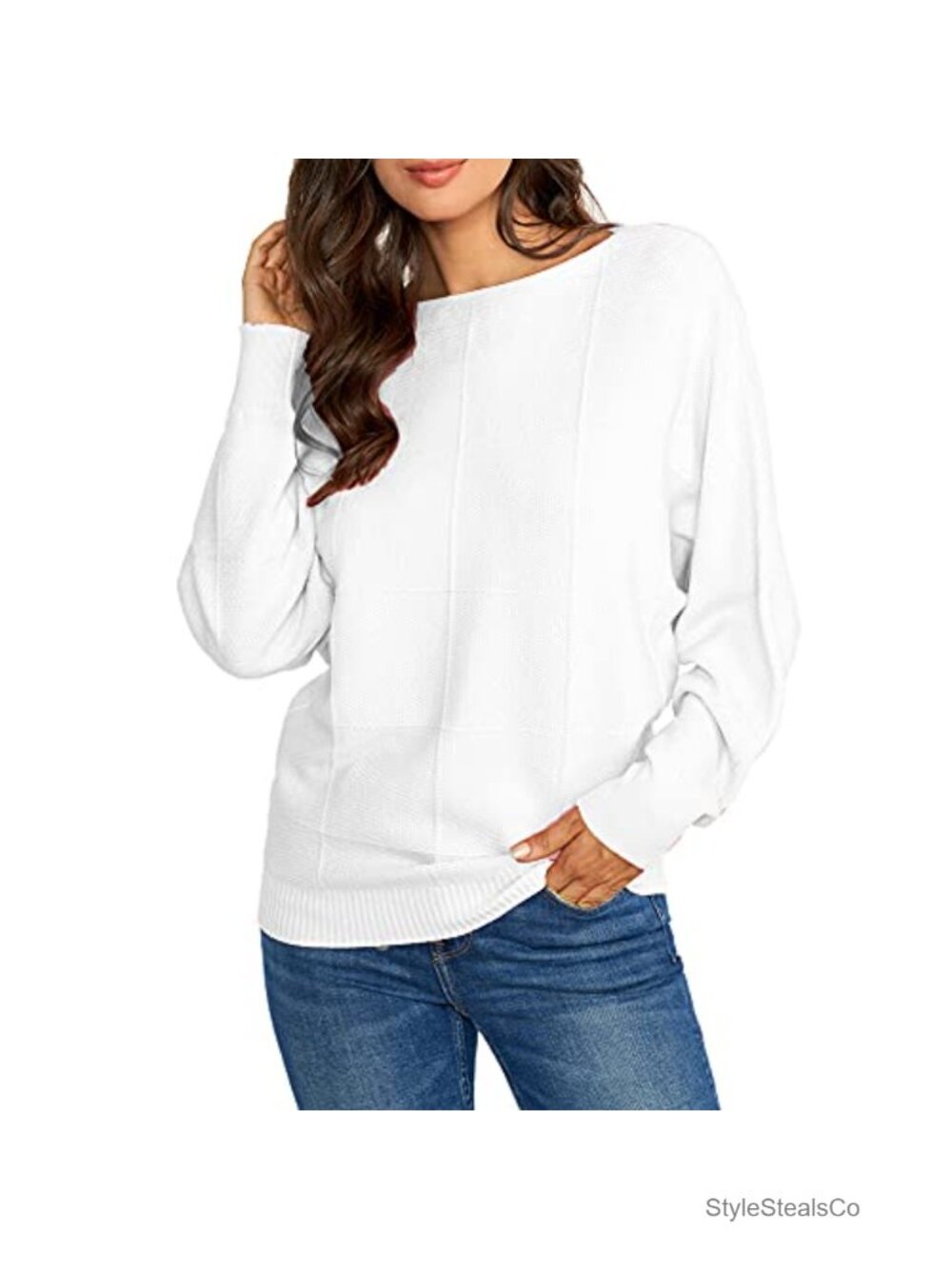 Batwing Knitted Boat Neck Sweater Dolman Sleeve Pullover